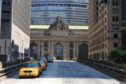 Yellow taxis in front of Grand Central Terminal.