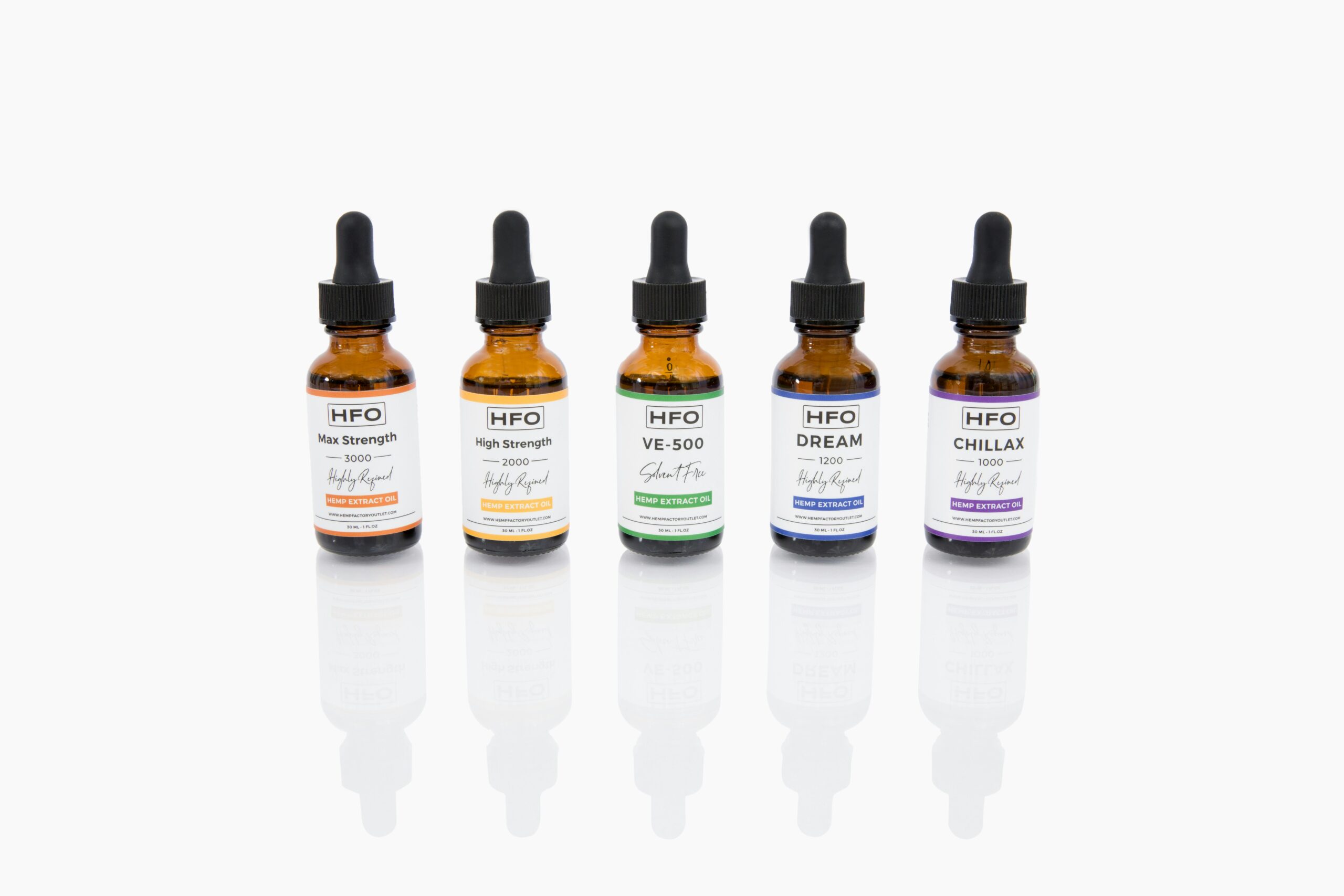 HFO hemp extract oil bottles lineup