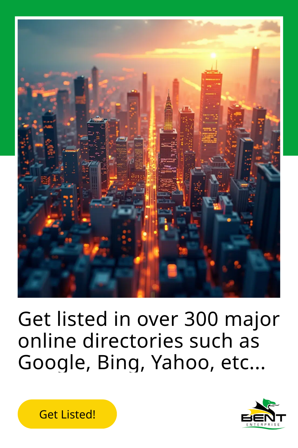 City skyline at sunset with directory listing offer.